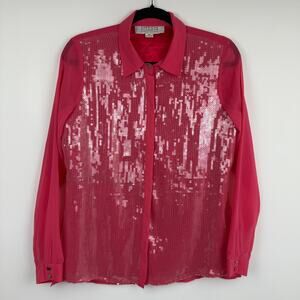 American Glamour Badgley Mischka Womens Sequin Button-Up Pink Blouse Top Medium
